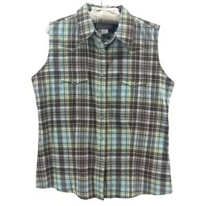 90s Wrangler Blues Plaid Sleeveless Western Shirt Womens L USA Pearl Snap Rodeo